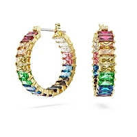 Matrix hoop earrings, Baguette cut, Multicoloured, Gold-tone plated by SWAROVSKI