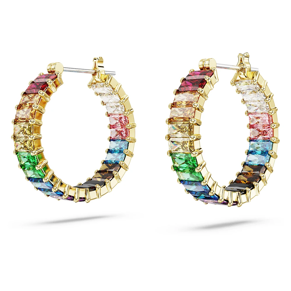 Matrix hoop earrings, Baguette cut, Multicoloured, Gold-tone plated by SWAROVSKI