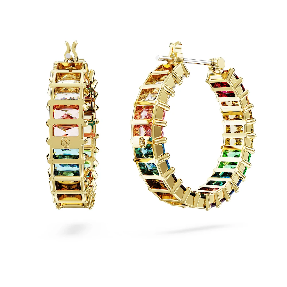 Matrix hoop earrings, Baguette cut, Multicoloured, Gold-tone plated by SWAROVSKI