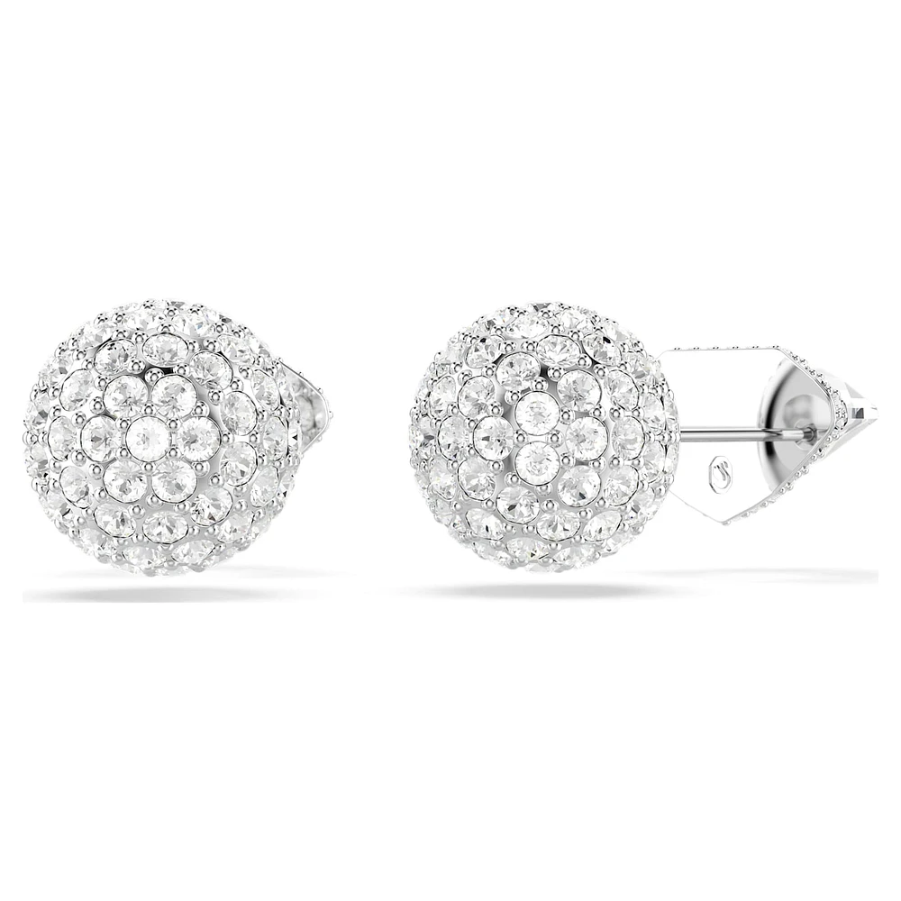 Lucent stud earrings, Pavé, Ball, White, Rhodium plated by SWAROVSKI