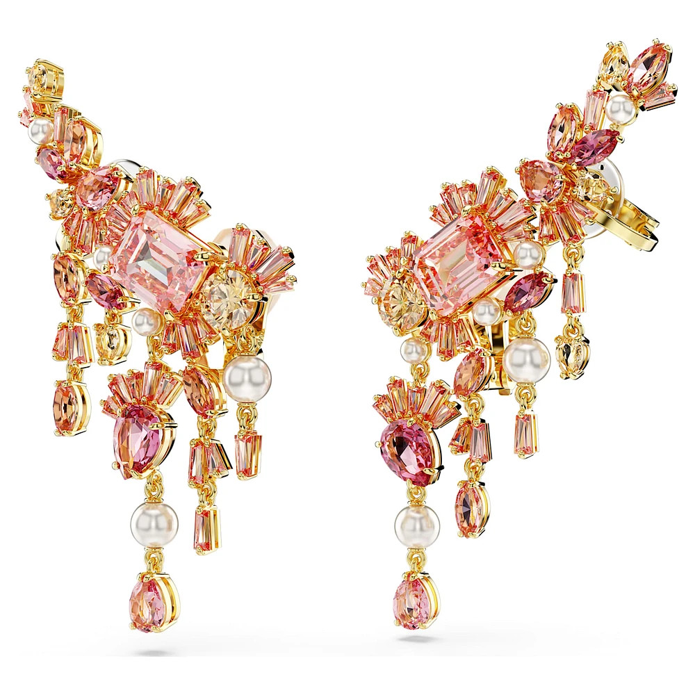 Gema clip earrings, Mixed cuts, Chandelier, Flower, Pink, Gold-tone plated by SWAROVSKI