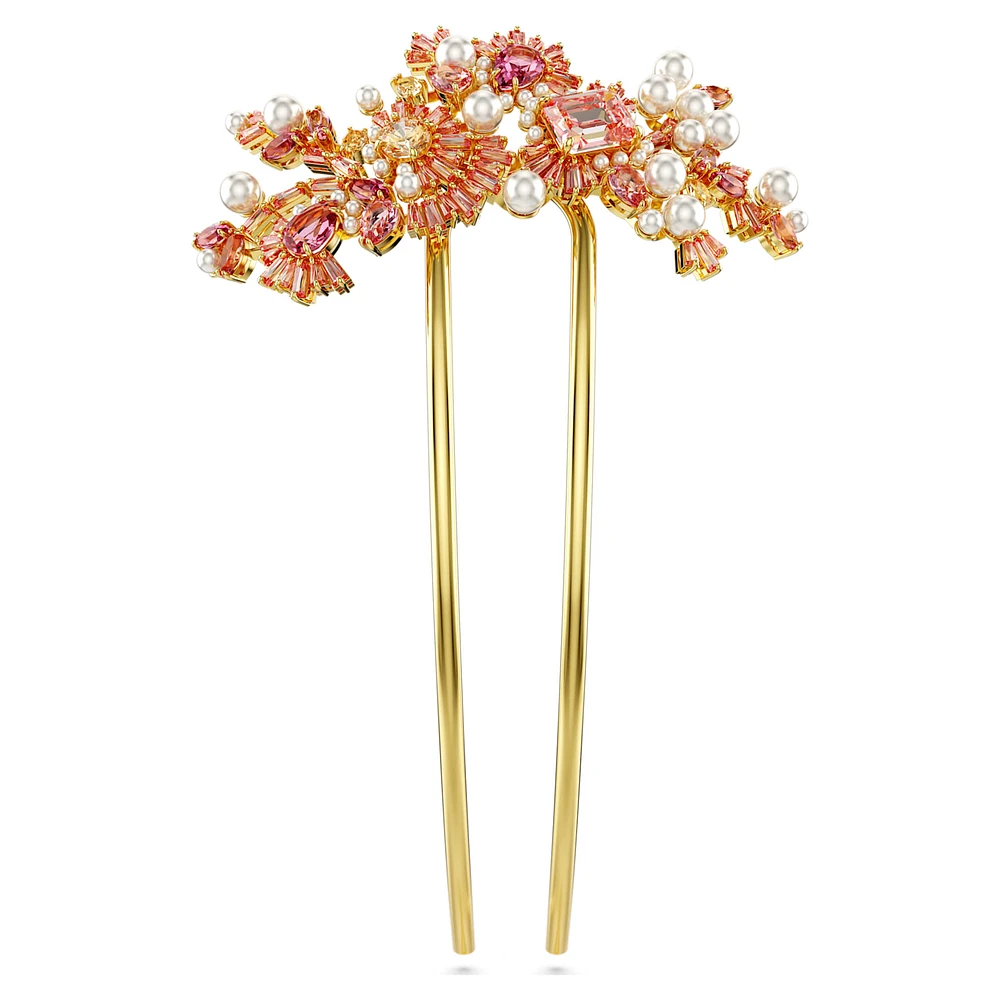 Gema hair clip, Crystal pearl, Mixed cuts, Flower, Pink, Gold-tone plated by SWAROVSKI