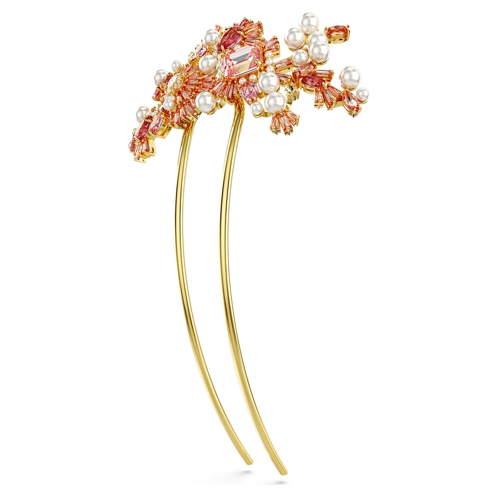 Gema hair clip, Crystal pearl, Mixed cuts, Flower, Pink, Gold-tone plated by SWAROVSKI