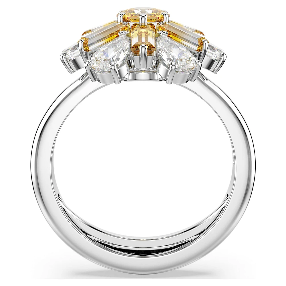 Idyllia cocktail ring, Mixed cuts, Flower, Yellow, Rhodium plated by SWAROVSKI