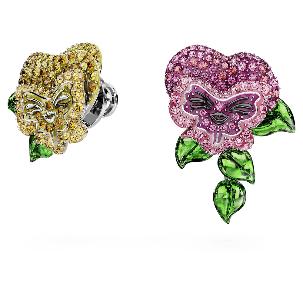 Alice in Wonderland stud earrings, Asymmetrical design, Flower, Multicoloured, Rhodium plated by SWAROVSKI