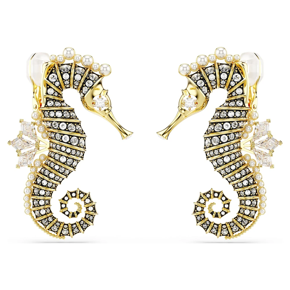Idyllia clip earrings, Crystal pearl, Seahorse, White, Gold-tone plated by SWAROVSKI