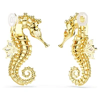 Idyllia clip earrings, Crystal pearl, Seahorse, White, Gold-tone plated by SWAROVSKI