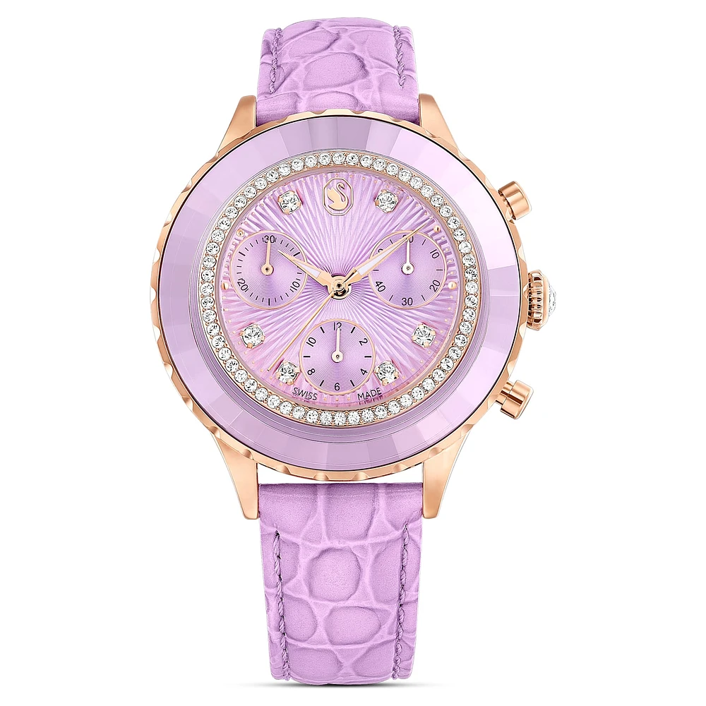 Octea Chrono watch, Swiss Made, Leather strap, Purple, Rose gold-tone finish by SWAROVSKI