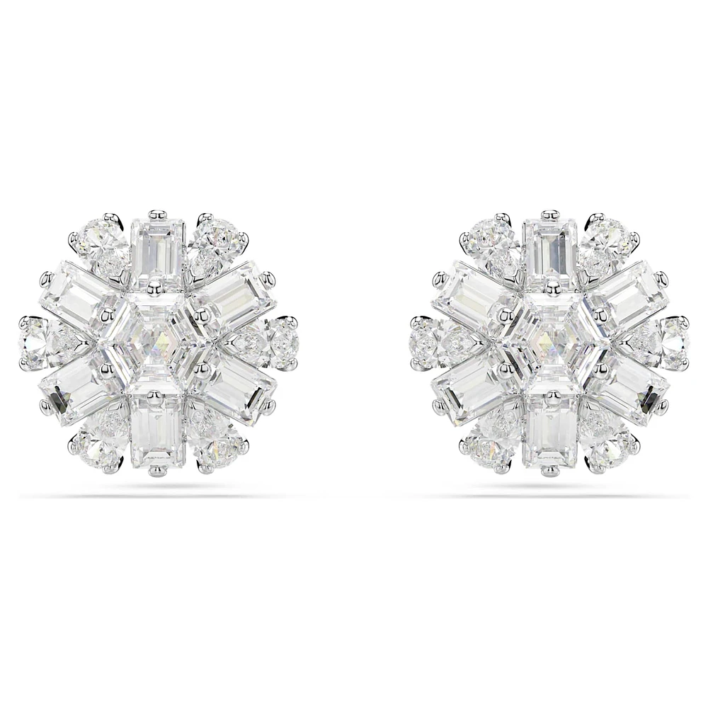 Idyllia stud earrings, Mixed cuts, Snowflake, White, Rhodium plated by SWAROVSKI