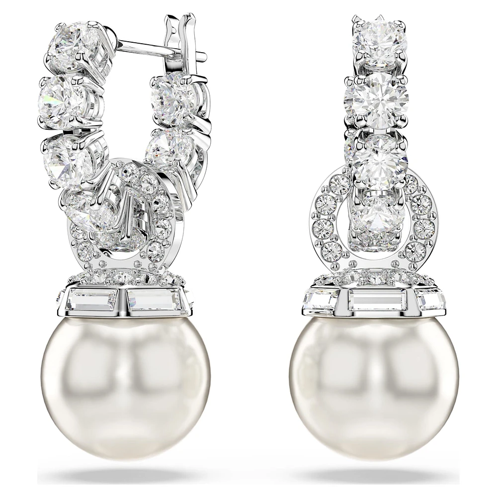 Matrix drop earrings, Crystal pearl, Round cut, White, Rhodium plated by SWAROVSKI