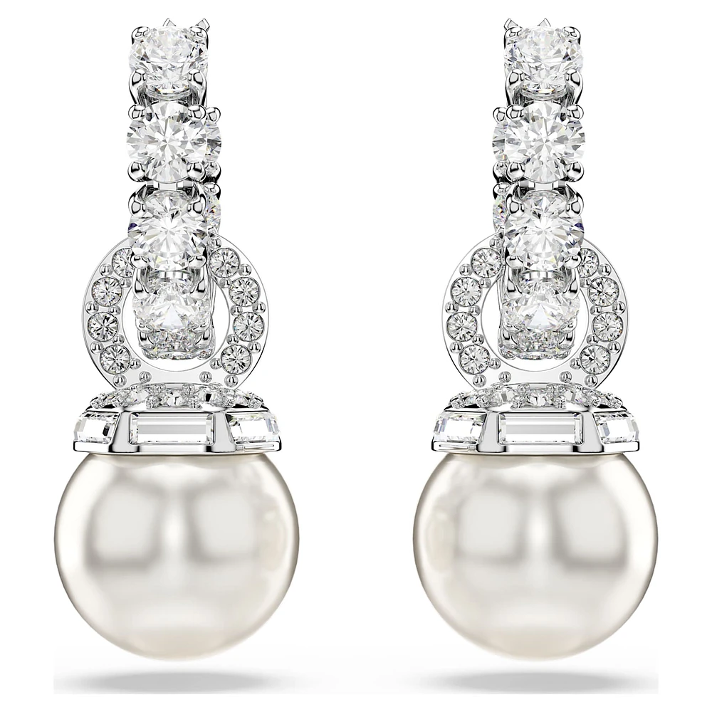 Matrix drop earrings, Crystal pearl, Round cut, White, Rhodium plated by SWAROVSKI