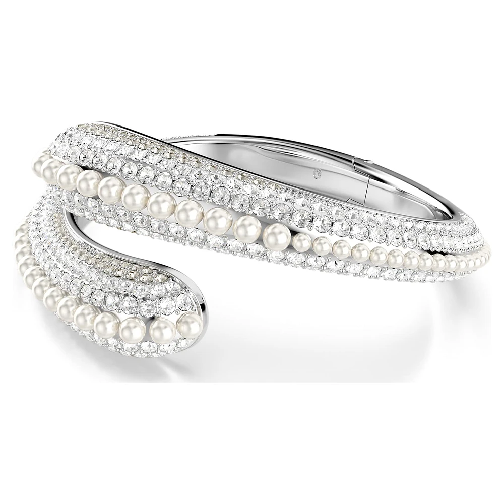 Sublima cuff, Crystal pearl, Round cut, White, Rhodium plated by SWAROVSKI