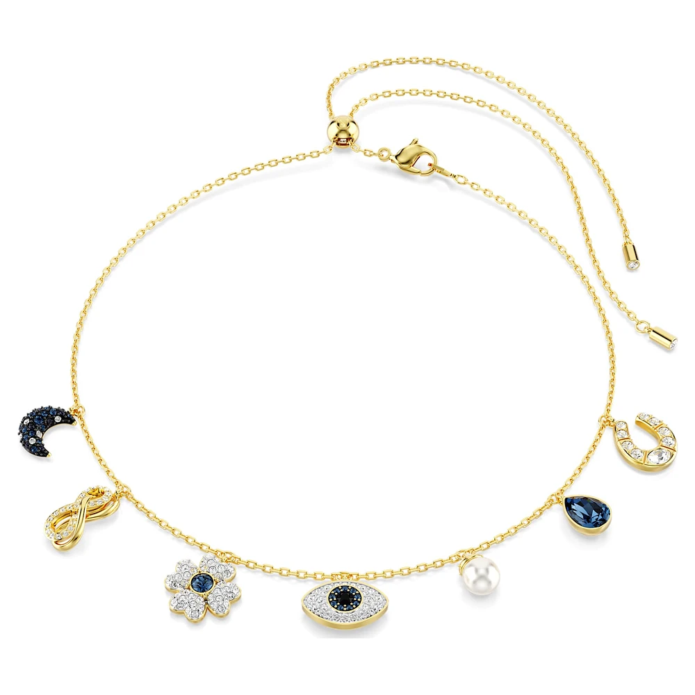 Symbolica choker, Crystal pearl, Moon, infinity, clover, evil eye and horseshoe, Blue, Gold-tone plated by SWAROVSKI