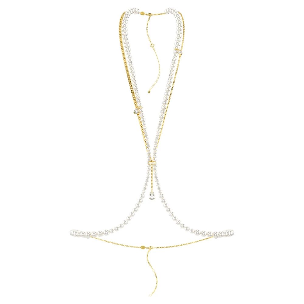 Idyllia body chain, Crystal pearls, White, Gold-tone plated by SWAROVSKI