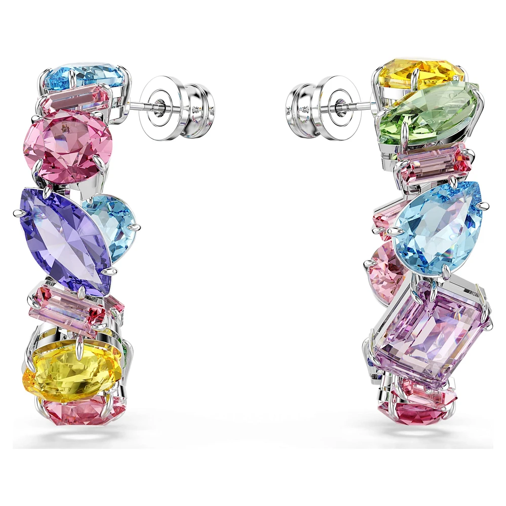 Gema hoop earrings, Asymmetrical design, Mixed cuts, Small, Multicoloured, Rhodium plated by SWAROVSKI
