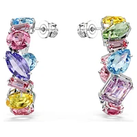 Gema hoop earrings, Asymmetrical design, Mixed cuts, Small, Multicoloured, Rhodium plated by SWAROVSKI