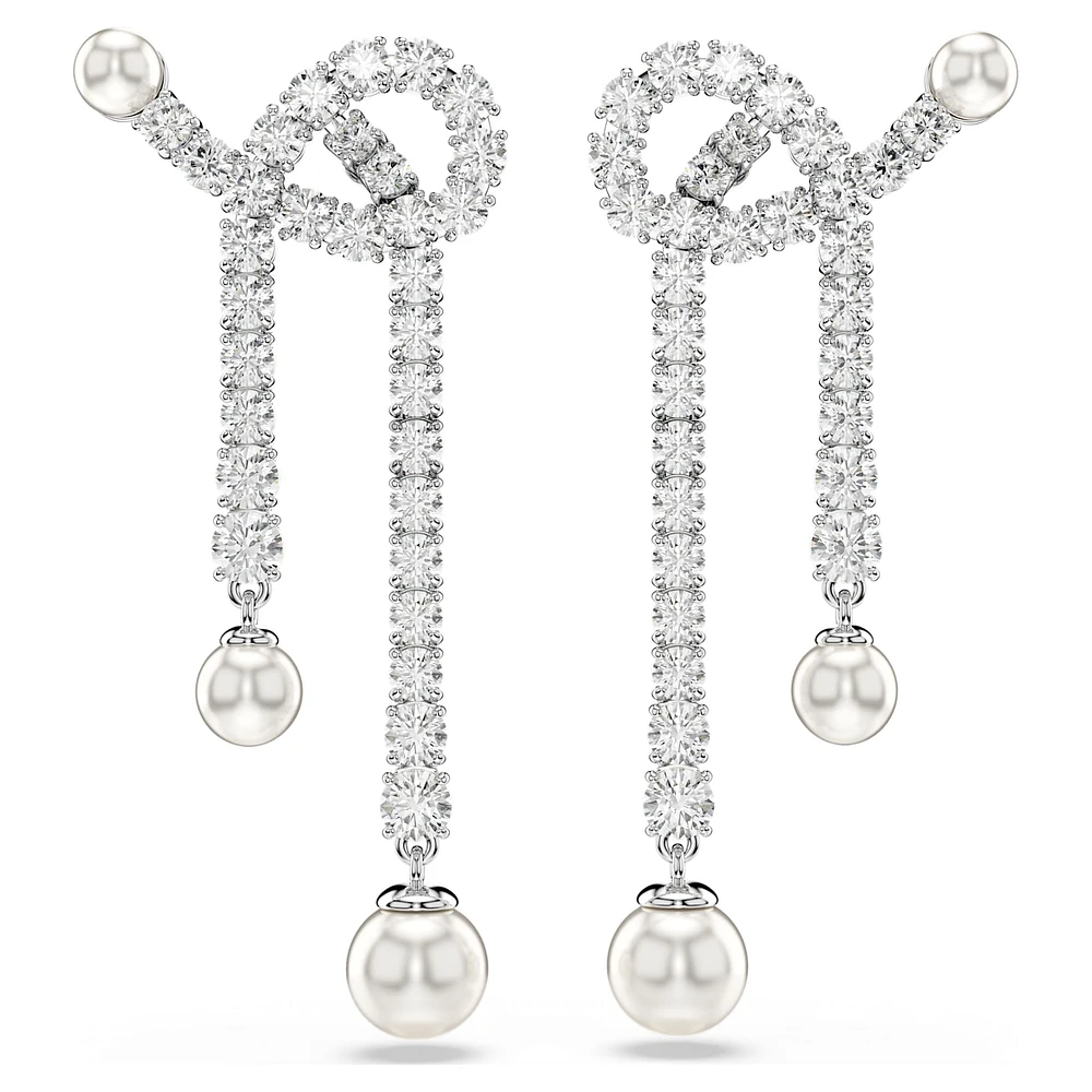 Matrix drop earrings, Crystal pearl, Round cut, White, Rhodium plated by SWAROVSKI