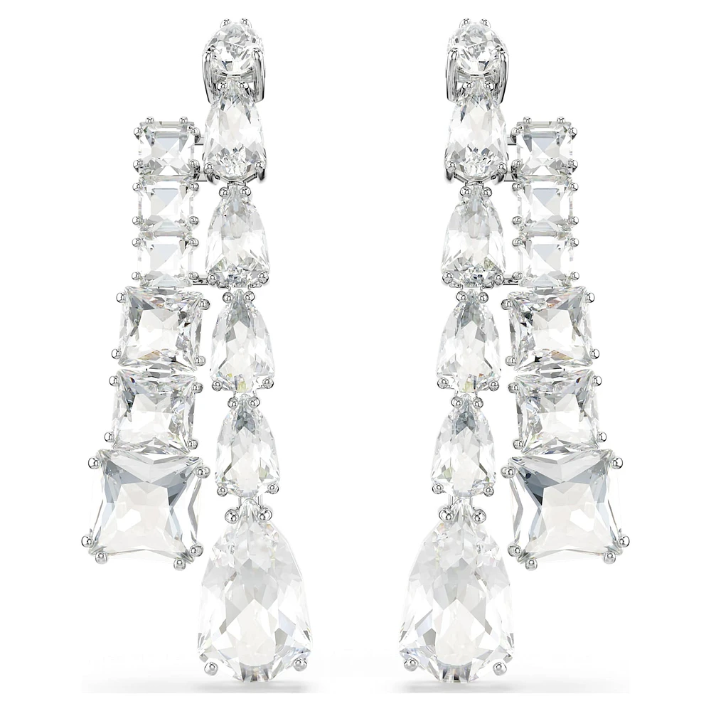 Matrix drop earrings, Mixed cuts, White, Rhodium plated by SWAROVSKI
