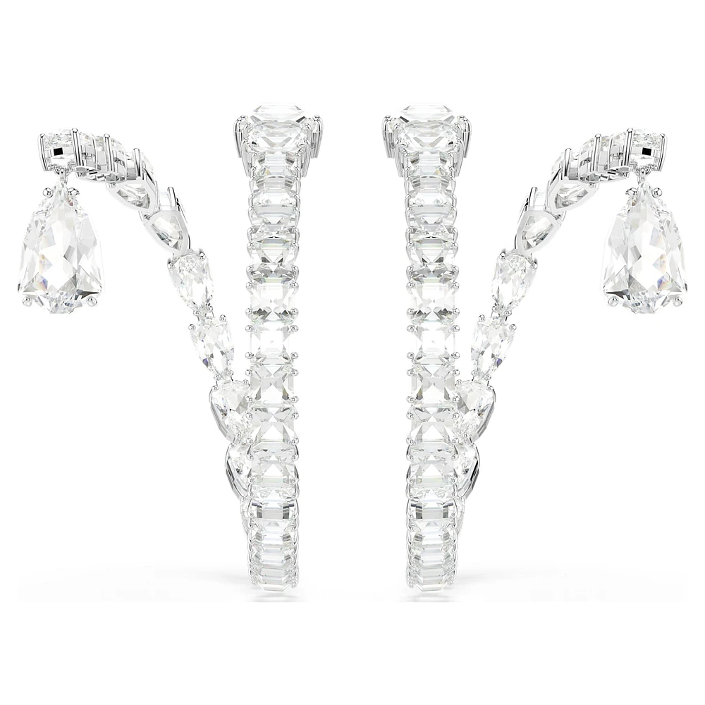 Matrix hoop earrings, Mixed cuts, White, Rhodium plated by SWAROVSKI