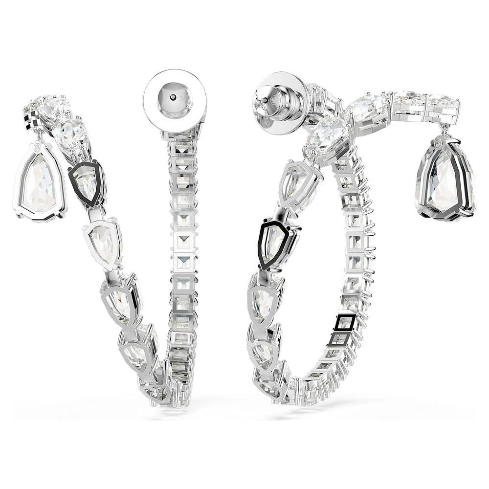 Matrix hoop earrings, Mixed cuts, White, Rhodium plated by SWAROVSKI