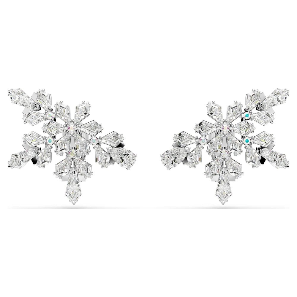 Idyllia clip earrings, Mixed cuts, Half snowflake, White, Rhodium plated by SWAROVSKI