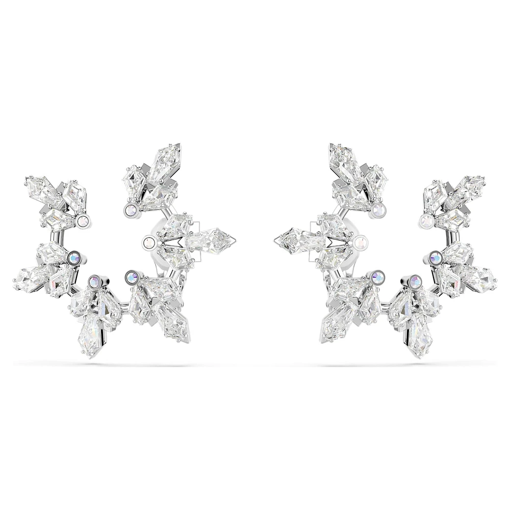 Idyllia clip earrings, Mixed cuts, Snowflake, White, Rhodium plated by SWAROVSKI