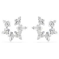 Idyllia clip earrings, Mixed cuts, Snowflake, White, Rhodium plated by SWAROVSKI