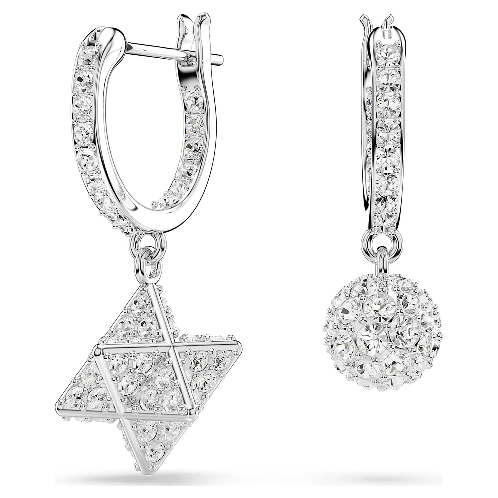 Dextera drop earrings, Asymmetrical design, Round cut, Star and sphere, White, Rhodium plated by SWAROVSKI