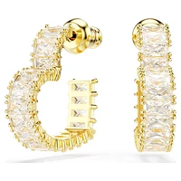 Matrix hoop earrings, Baguette cut, Heart, Small, White, Gold-tone plated by SWAROVSKI