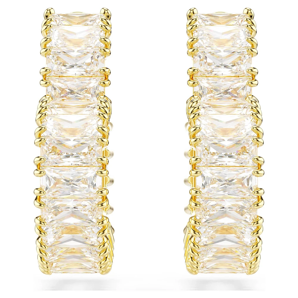 Matrix hoop earrings, Baguette cut, Heart, Small, White, Gold-tone plated by SWAROVSKI
