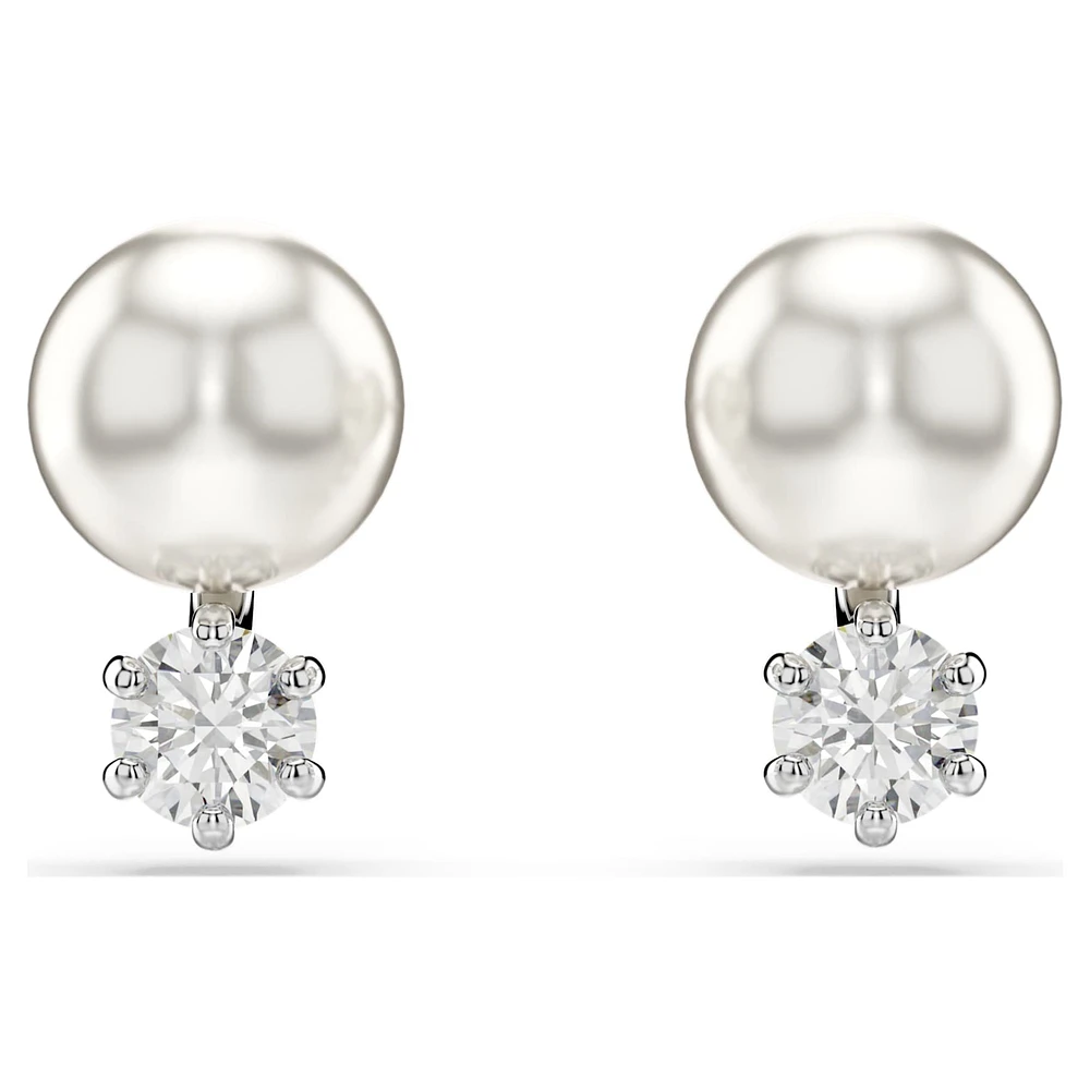 Matrix stud earrings, Crystal pearl, Round cut, White, Rhodium plated by SWAROVSKI