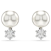 Matrix stud earrings, Crystal pearl, Round cut, White, Rhodium plated by SWAROVSKI