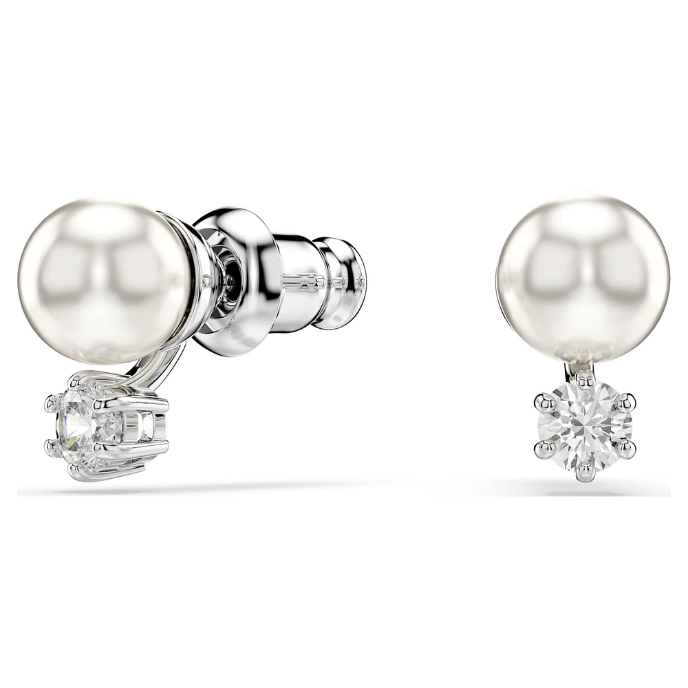Matrix stud earrings, Crystal pearl, Round cut, White, Rhodium plated by SWAROVSKI