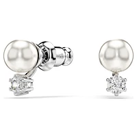 Matrix stud earrings, Crystal pearl, Round cut, White, Rhodium plated by SWAROVSKI