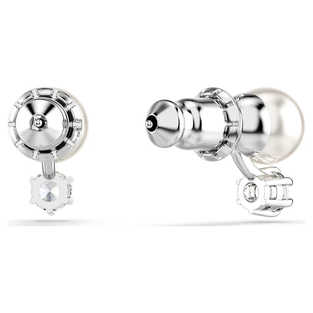 Matrix stud earrings, Crystal pearl, Round cut, White, Rhodium plated by SWAROVSKI