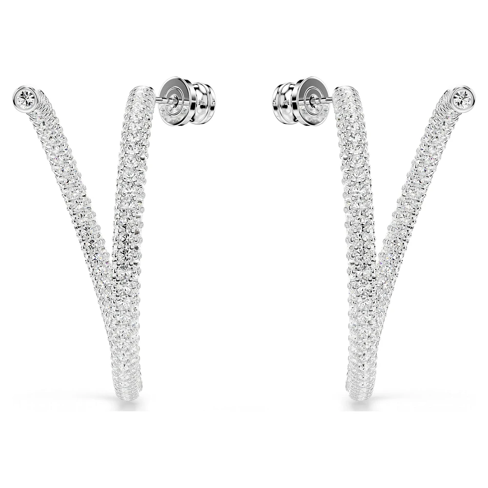 Dextera hoop earrings, Round cut, White, Rhodium plated by SWAROVSKI