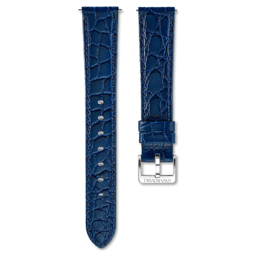 Octea Moon watch strap, 16 mm (0.63") width, Leather with stitching, Blue, Stainless steel by SWAROVSKI
