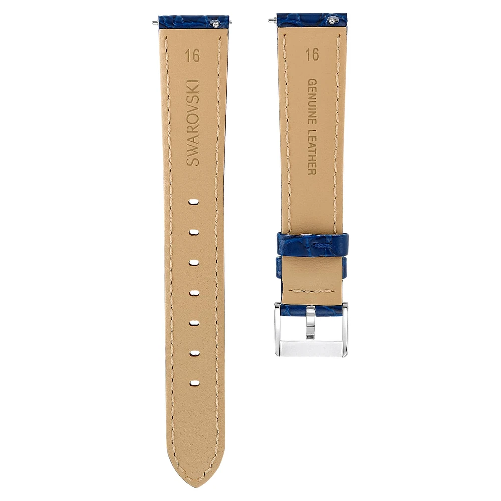 Octea Moon watch strap, 16 mm (0.63") width, Leather with stitching, Blue, Stainless steel by SWAROVSKI
