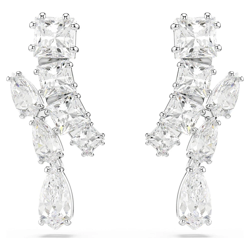 Matrix drop earrings, Mixed cuts, White, Rhodium plated by SWAROVSKI
