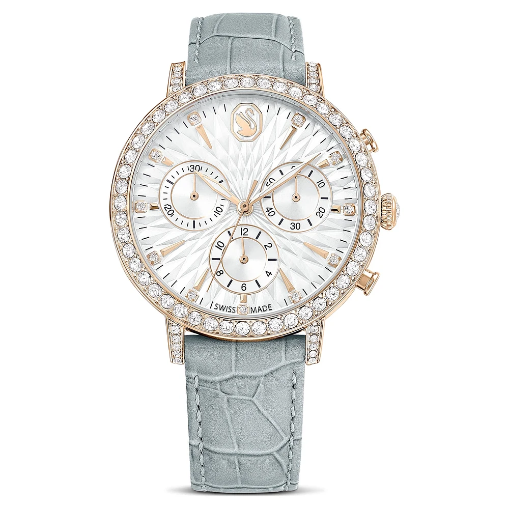 Matrix Tennis Chrono watch, Swiss Made, Leather strap, Grey, Champagne gold-tone finish by SWAROVSKI