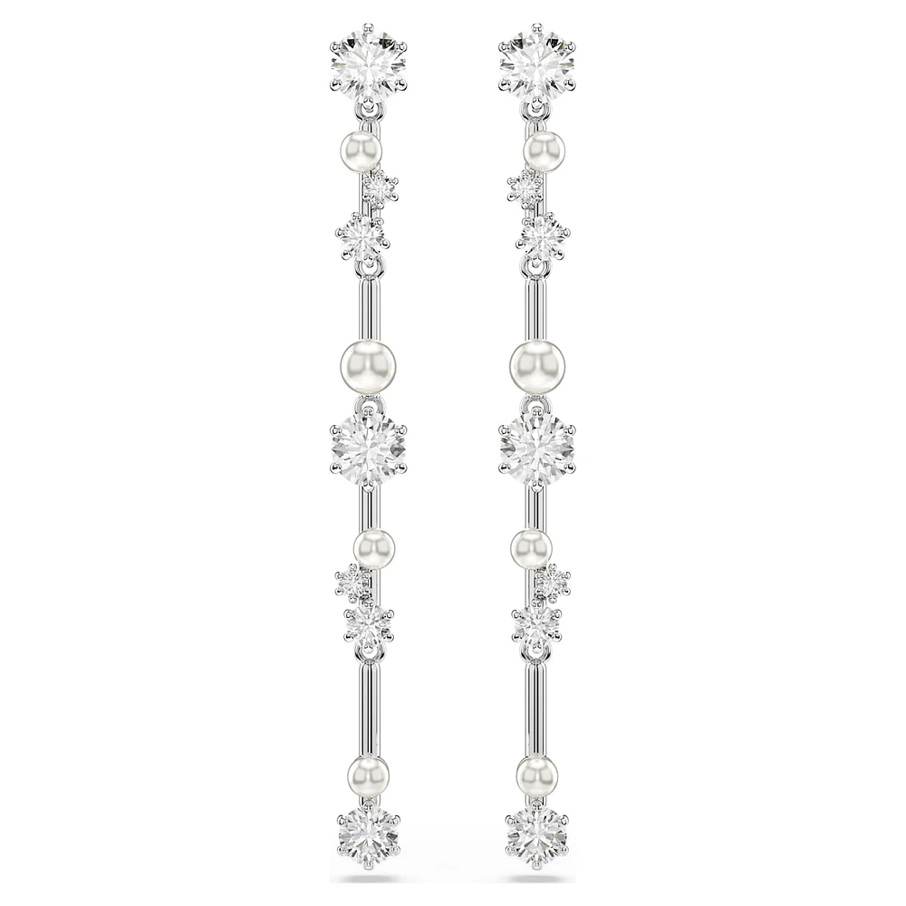 Constella drop earrings, Crystal pearl, Round cuts, White, Rhodium plated by SWAROVSKI