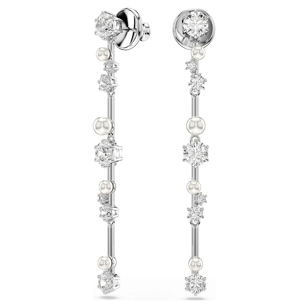 Constella drop earrings, Crystal pearl, Round cuts, White, Rhodium plated by SWAROVSKI