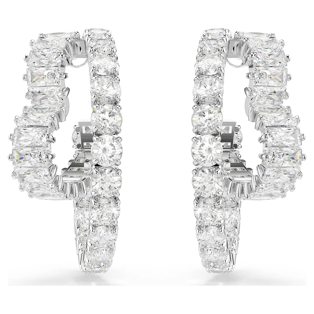 Matrix hoop earrings, Mixed cuts, Heart, White, Rhodium plated by SWAROVSKI