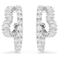 Matrix hoop earrings, Mixed cuts, Heart, White, Rhodium plated by SWAROVSKI
