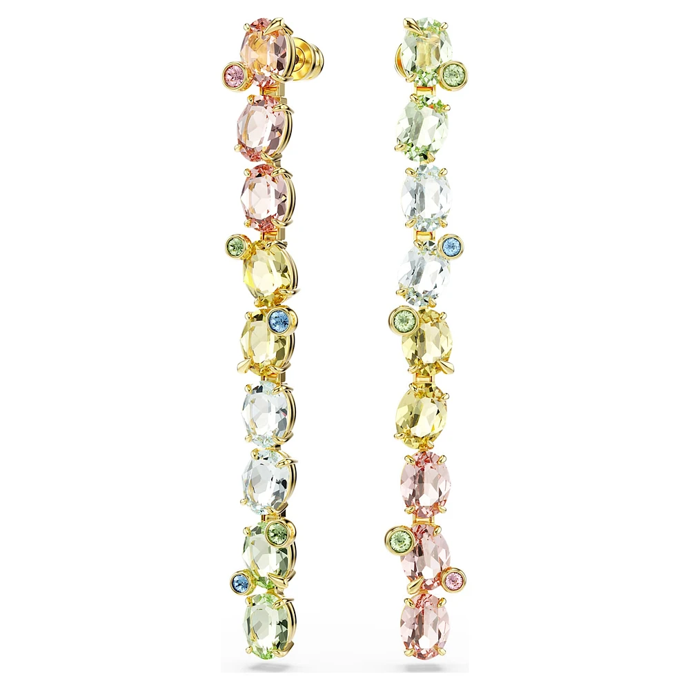 Gema drop earrings, Asymmetrical design, Mixed cuts, Long, Multicoloured, Gold-tone plated by SWAROVSKI