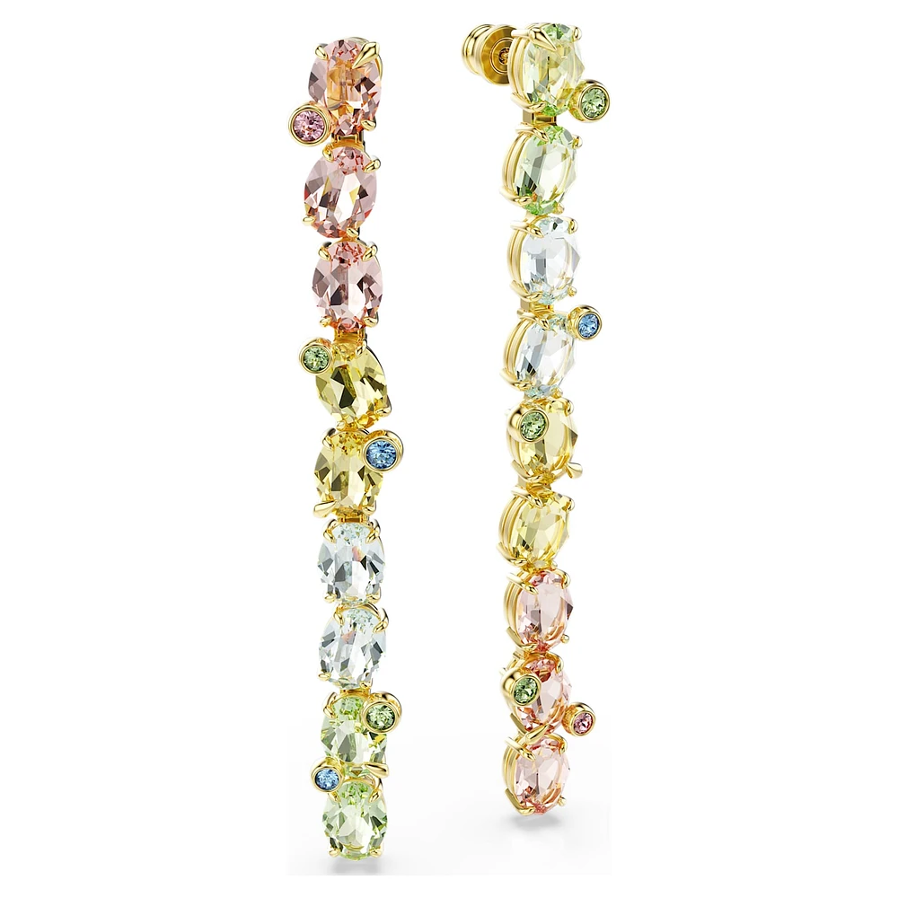 Gema drop earrings, Asymmetrical design, Mixed cuts, Long, Multicoloured, Gold-tone plated by SWAROVSKI