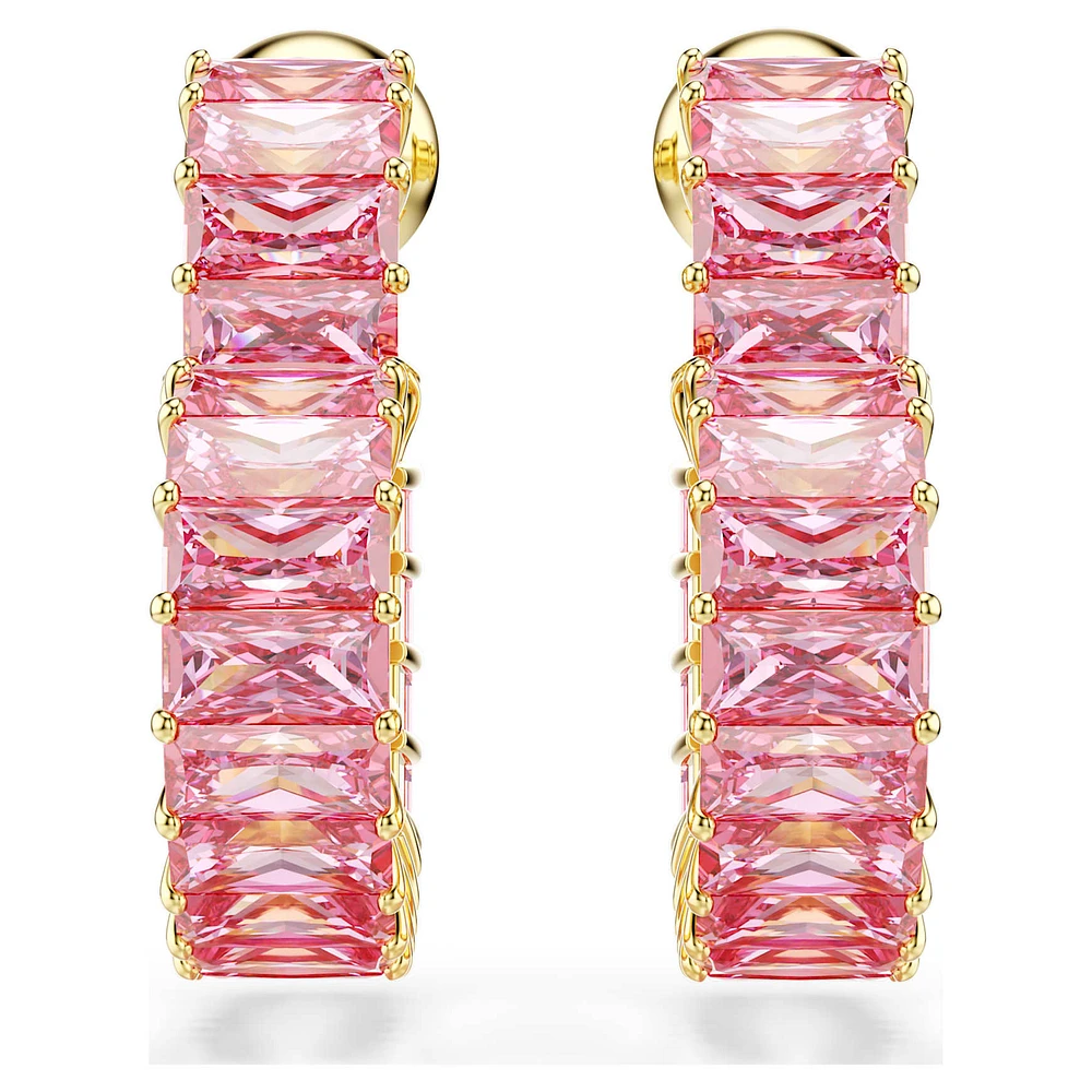 Matrix hoop earrings, Baguette cut, Heart, Small, Pink, Gold-tone plated by SWAROVSKI