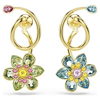 Idyllia drop earrings, Asymmetrical design, Mixed cuts, Flower, Multicolored, Gold-tone plated by SWAROVSKI