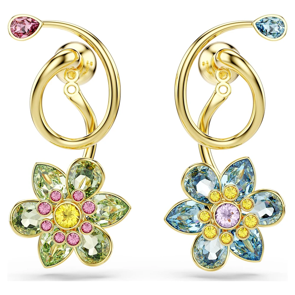 Idyllia drop earrings, Asymmetrical design, Mixed cuts, Flower, Multicoloured, Gold-tone plated by SWAROVSKI