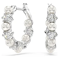 Matrix hoop earrings, Crystal pearl, Round cut, White, Rhodium plated by SWAROVSKI